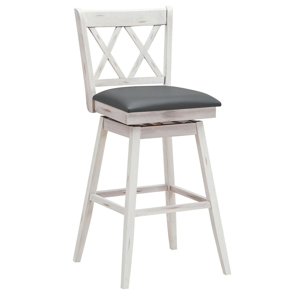Swivel counter height barstool with rubberwood legs and PVC leather cushion, ideal for home or office use.