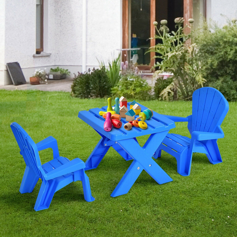 Blue 3-piece plastic children table and chair set, perfect for arts, crafts, and play in a nursery or play area.