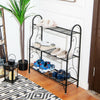 Three-tier black metal plant stand showcasing shoes, ideal for organizing plants and enhancing home decor.