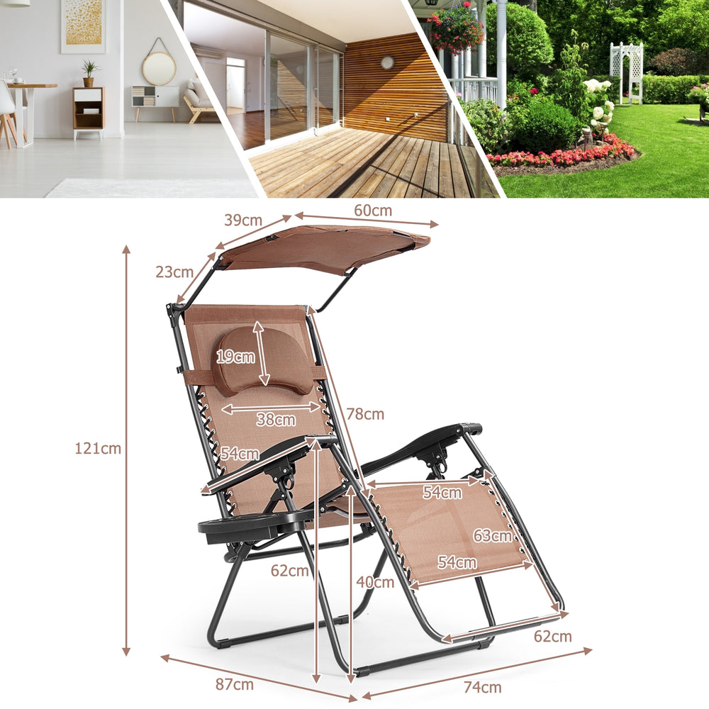 Folding recliner lounge chair in brown with adjustable shade canopy and cup holder, ideal for outdoor relaxation.