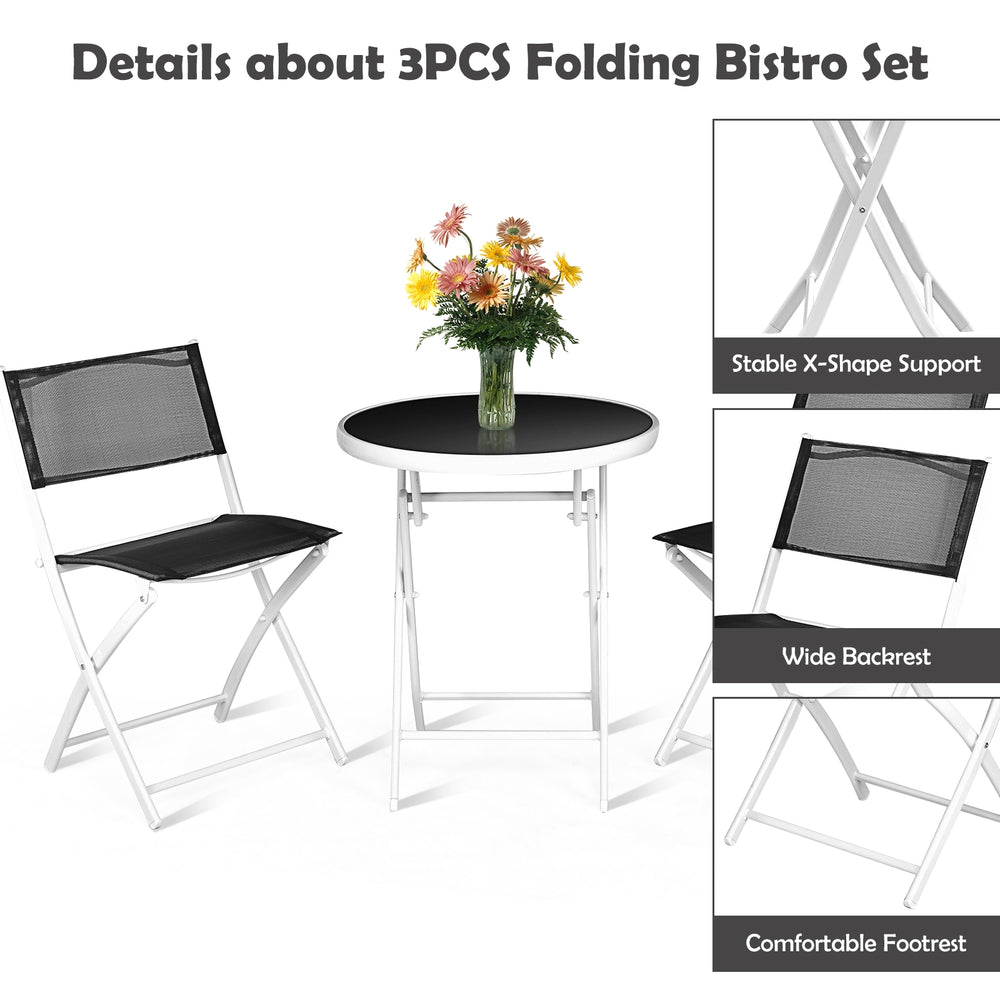 Detailed view of a folding chair with a wide backrest and durable textile fiber, part of a 3-piece patio bistro set.