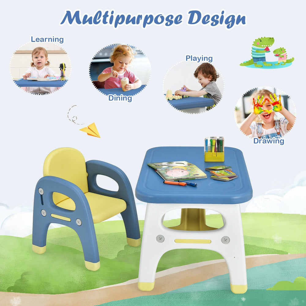Kids activity table and chair set in blue, featuring ergonomic design and storage, perfect for learning and playing.