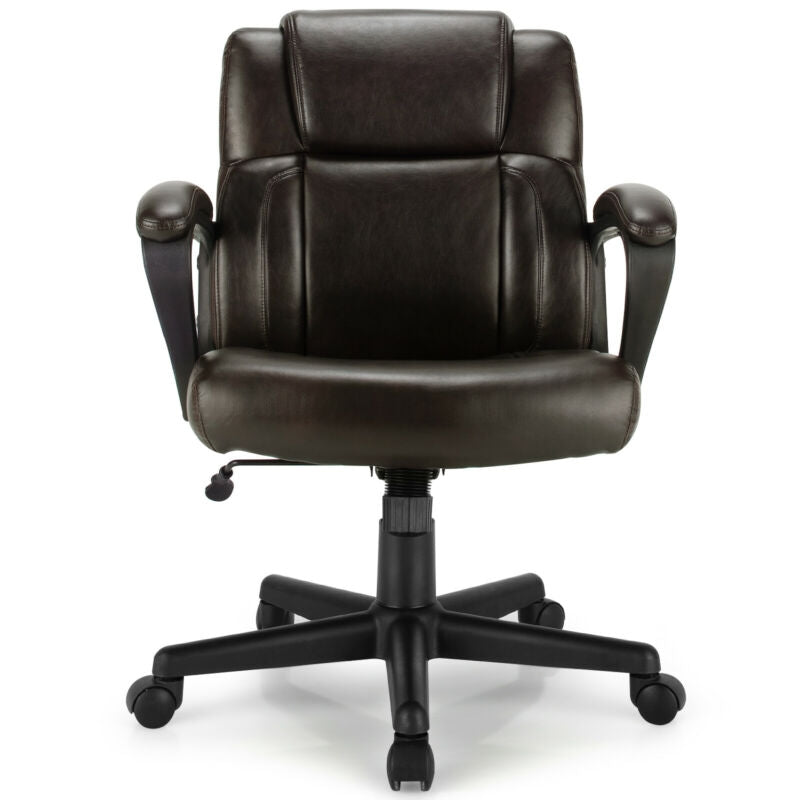 Front view of the adjustable leather executive office chair highlighting its soft padded cushion and sturdy five-claw.
