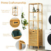 Bamboo tower hamper organizer with 3-tier storage shelves, featuring a detachable hamper for easy laundry access.