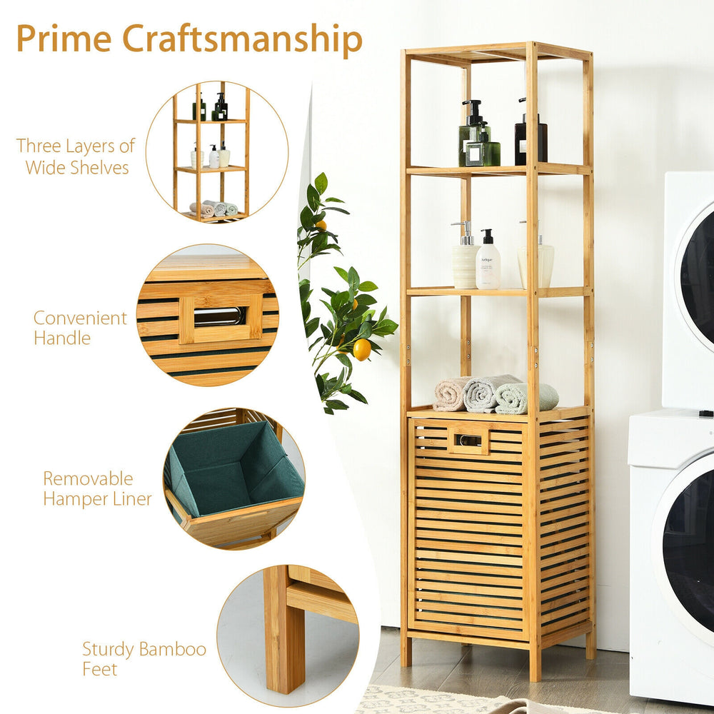 Bamboo tower hamper organizer with 3-tier storage shelves, featuring a detachable hamper for easy laundry access.