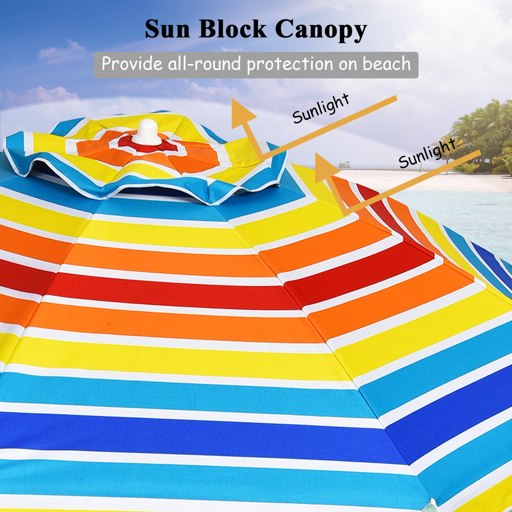 Colorful 7.2ft beach umbrella with tilt mechanism and sand anchor, providing optimal shade for outdoor activities.