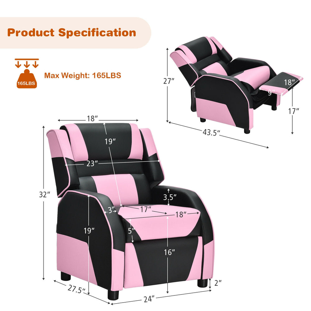 Kids PU leather gaming sofa recliner in pink with adjustable backrest and footrest, perfect for gaming and relaxation.