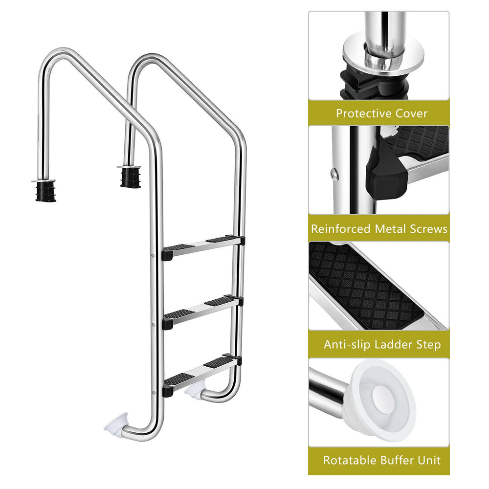 Close-up view of the anti-slip step on a 3-step stainless steel swimming pool ladder, ensuring safety and stability.