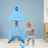 Toddler playing with the 3-in-1 kids basketball hoop set in blue, featuring adjustable height for ages 2 to 7.