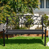 50-inch patio bench with a cast iron backrest, made of steel, perfect for gardens and outdoor relaxation.