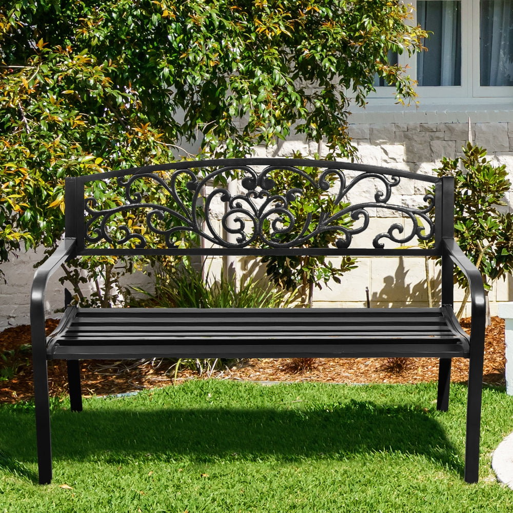 50-inch patio bench with a cast iron backrest, made of steel, perfect for gardens and outdoor relaxation.