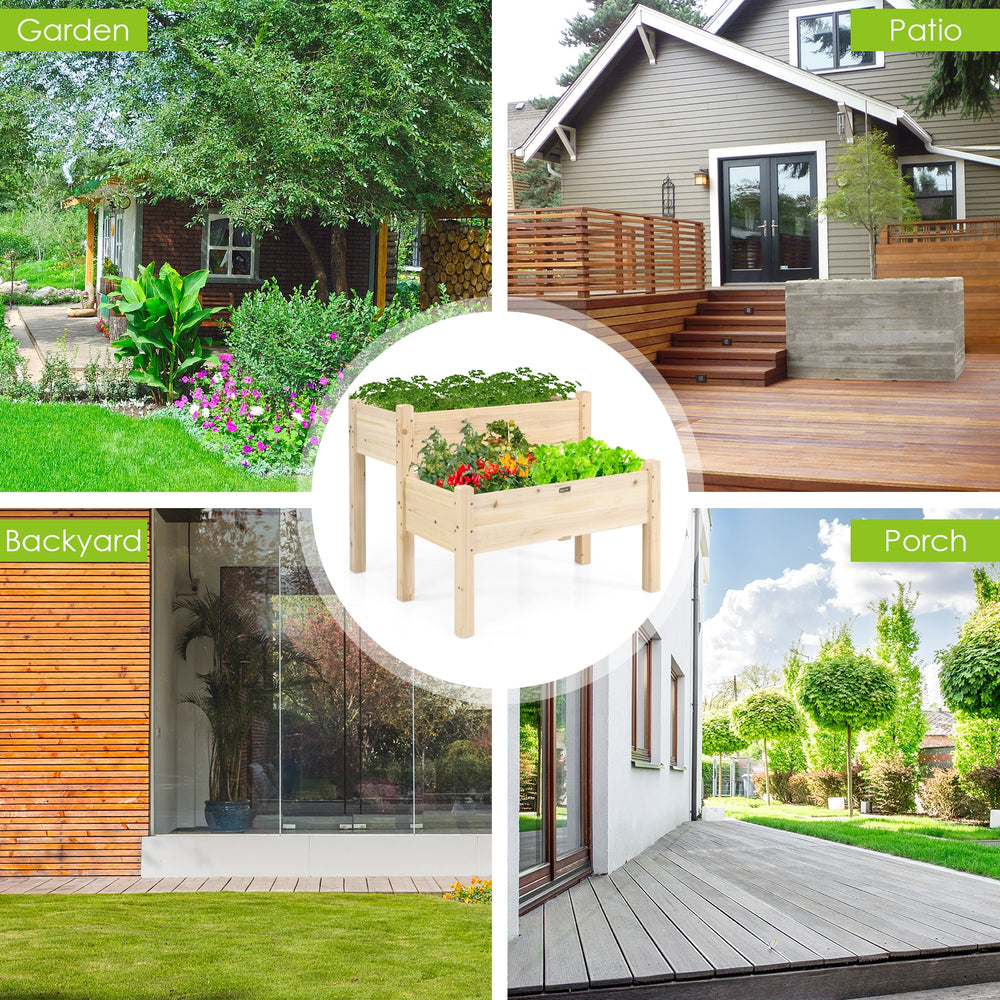 2 Tier Wooden Elevated Planter Box made of fir wood, ideal for balcony or yard gardening with drainage holes for.