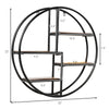 Circular wall-mounted 4-tier rack in black metal with wooden shelves, ideal for modern minimalist decor and storage.