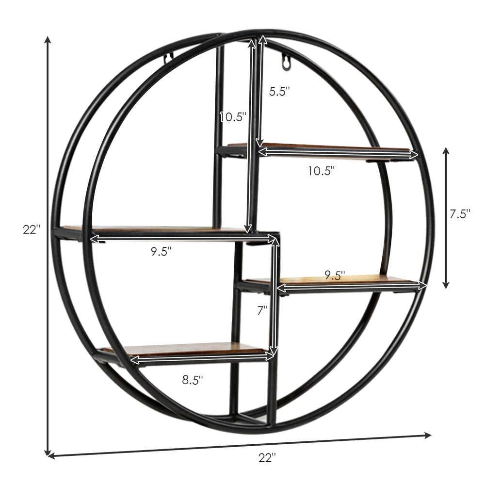 Circular wall-mounted 4-tier rack in black metal with wooden shelves, ideal for modern minimalist decor and storage.