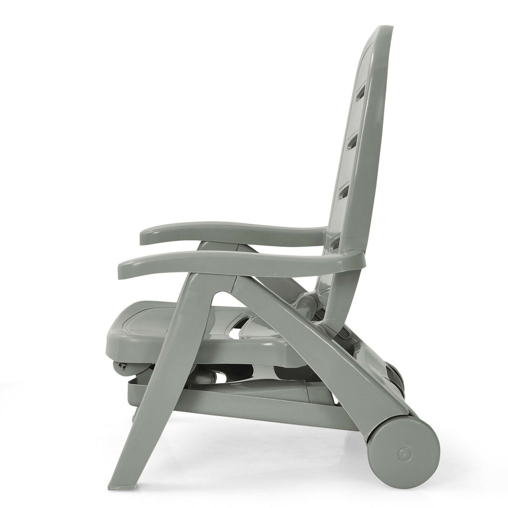 Side view of the gray 5-position adjustable folding lounger chaise chair with armrests and wheels for easy movement.