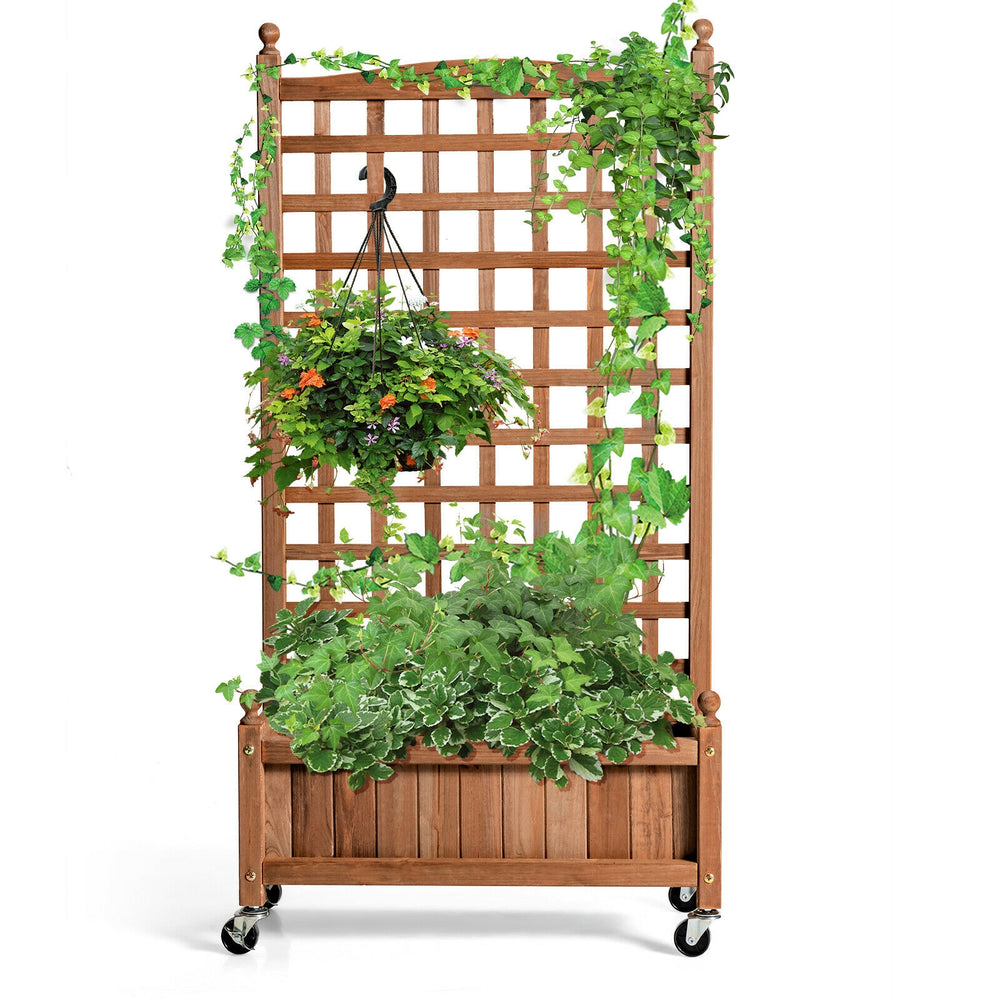 Wood planter box with trellis for climbing plants, featuring a spacious 6.5'' deep bed and mobile design with wheels.