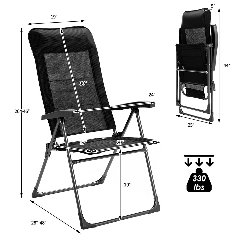 Portable black patio folding dining chair with adjustable backrest and headrest, designed for camping and outdoor use.