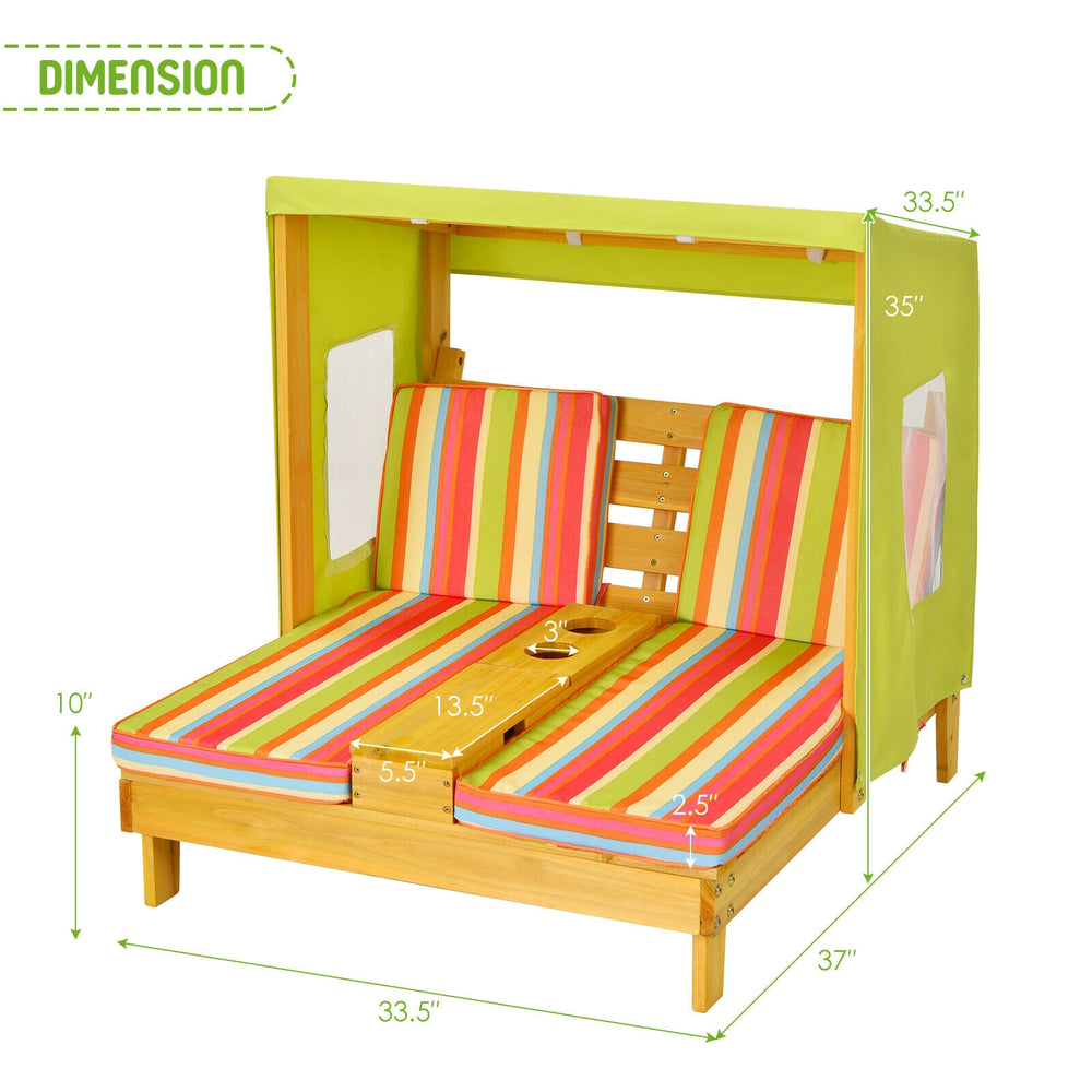 Kids patio lounge chair with awning, multicolor cushions, cup holders, ideal for backyard relaxation for 2 kids.