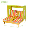 Kids patio lounge chair with awning, multicolor cushions, cup holders, ideal for backyard relaxation for 2 kids.