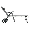 Gray patio lounge chair with wheels and neck pillow, side view showcasing adjustable backrest for versatile outdoor.