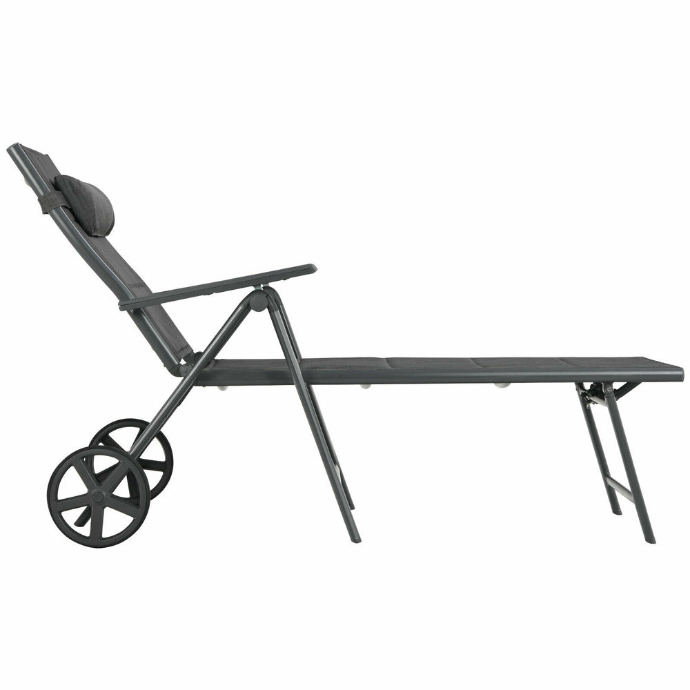 Gray patio reclining chaise lounge with adjustable neck pillow, foldable design, and wheels for easy movement.
