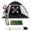 Golf practice net with multiple target zones, foldable tri-turf mat, and portable design for indoor or outdoor training.