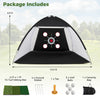 Golf practice net with foldable tri-turf mat, featuring multiple target zones and portable design for outdoor training.