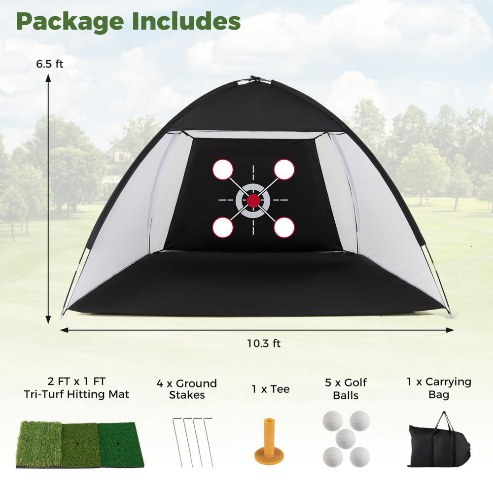 Golf practice net with foldable tri-turf mat, featuring multiple target zones and portable design for outdoor training.