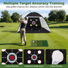 Golf practice net with multiple target zones and foldable tri-turf mat for improving shot accuracy and control outdoors.