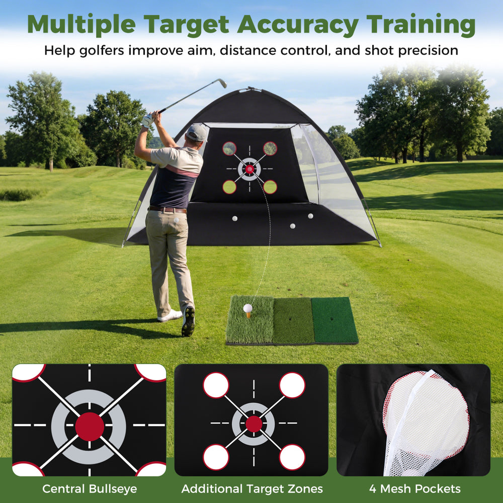 Golf practice net with multiple target zones and foldable tri-turf mat for improving shot accuracy and control outdoors.