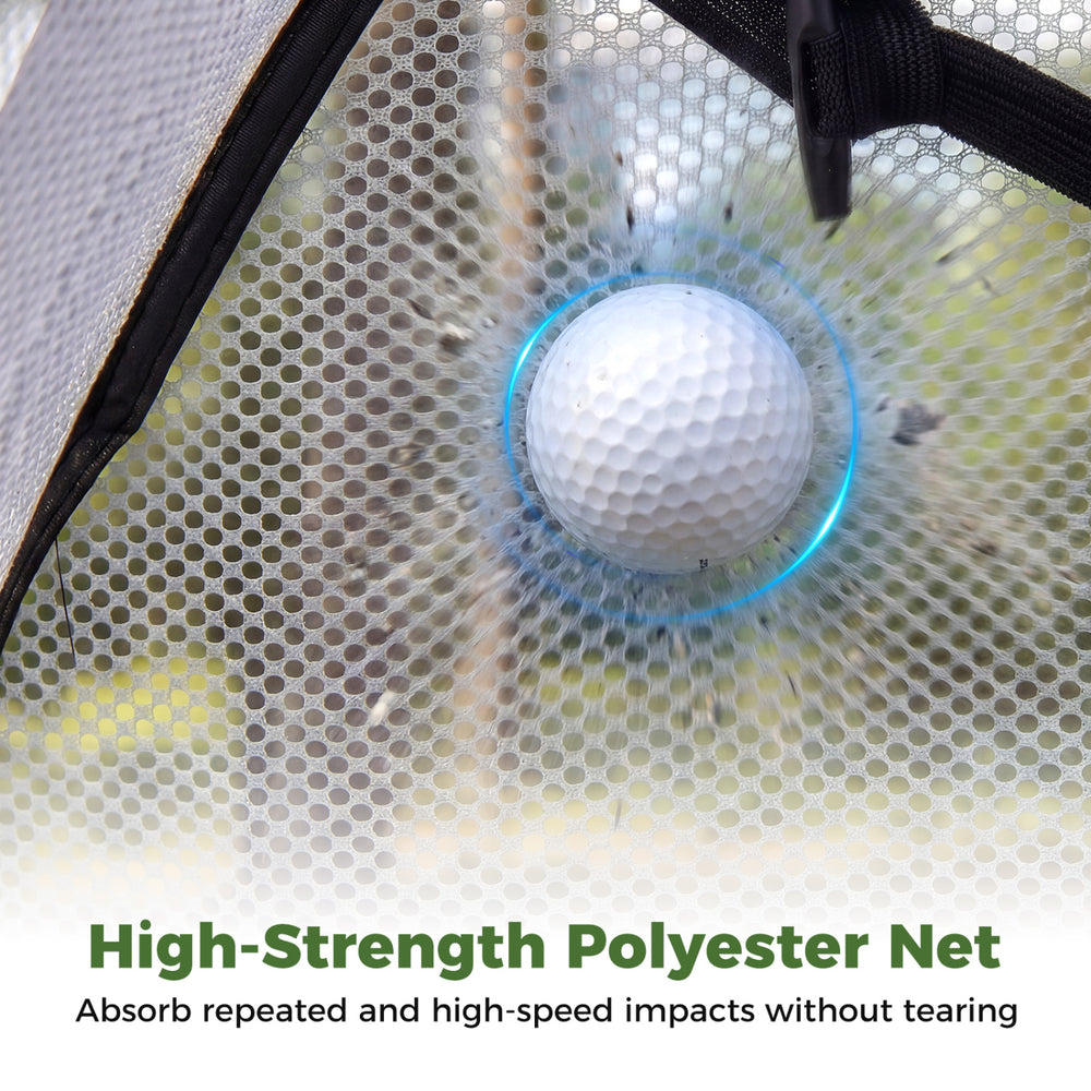 High-strength polyester net captures golf balls during practice, ensuring durability and safety for indoor and outdoor use.