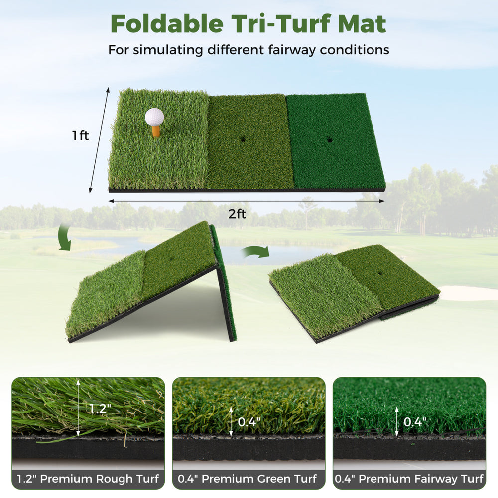 Foldable tri-turf mat featuring 1.2" rough and 0.4" green turf for simulating various golf fairway conditions.