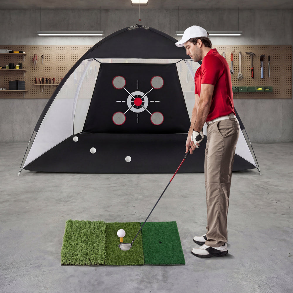 Golf practice net with foldable tri-turf mat, featuring multiple target zones for swing and chipping training indoors or outdoors.