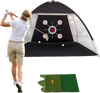 Golf practice net with multiple target zones and foldable tri-turf mat for swing and chipping training in the backyard.