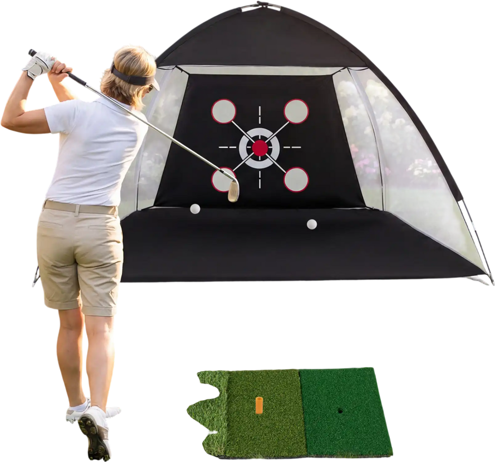Golf practice net with multiple target zones and foldable tri-turf mat for swing and chipping training in the backyard.