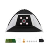 Golf practice net with multiple target zones, foldable tri-turf mat, and portable design for outdoor training sessions.
