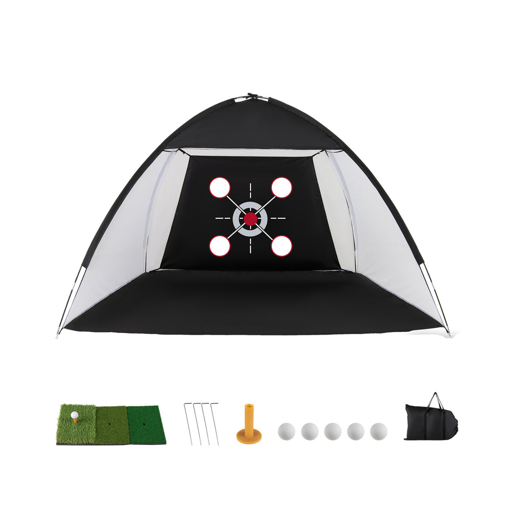 Golf practice net with multiple target zones, foldable tri-turf mat, and portable design for outdoor training sessions.