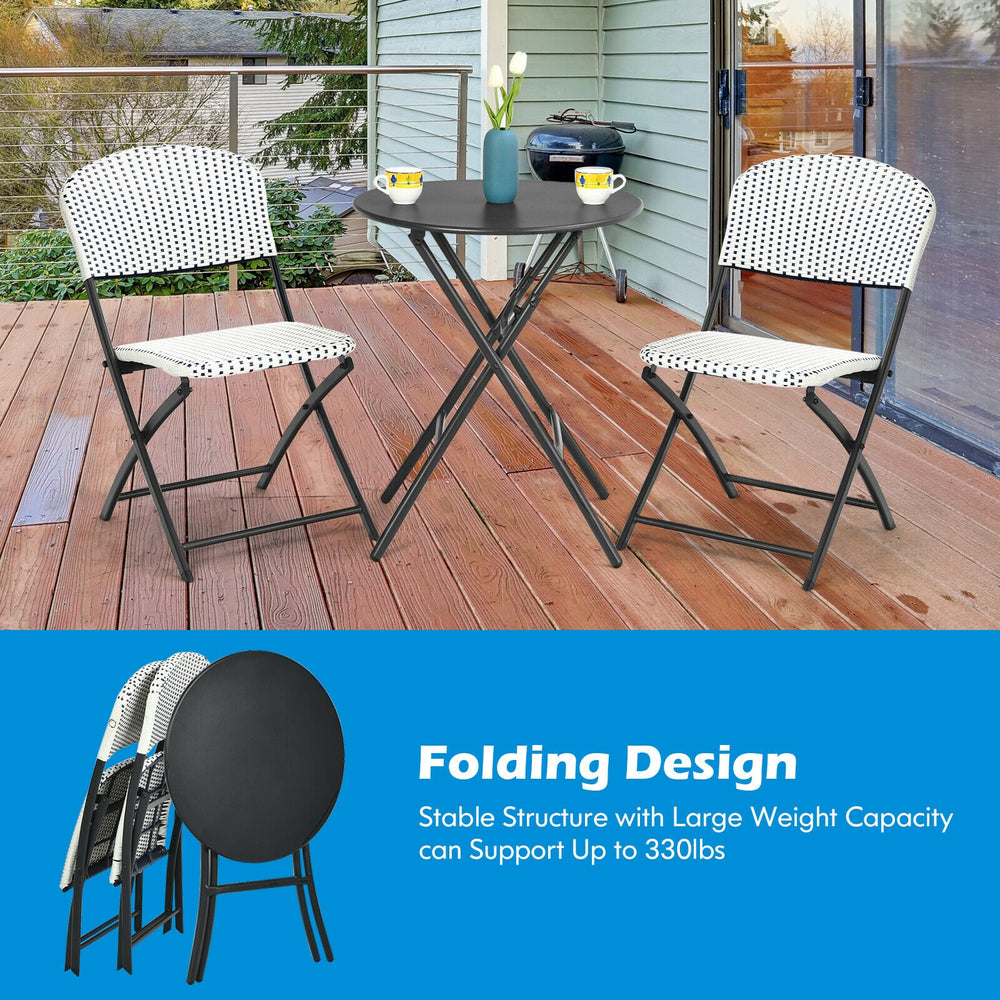 Folding patio bistro set featuring a round table and two chairs made of durable PE rattan, perfect for outdoor use.