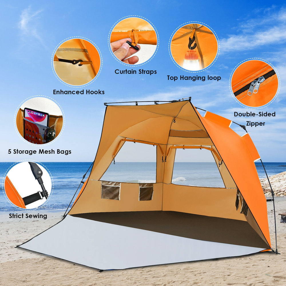 Pop-up beach tent for 3-4 people in orange, featuring UPF 50+ protection, large front porch, and multiple storage bags.