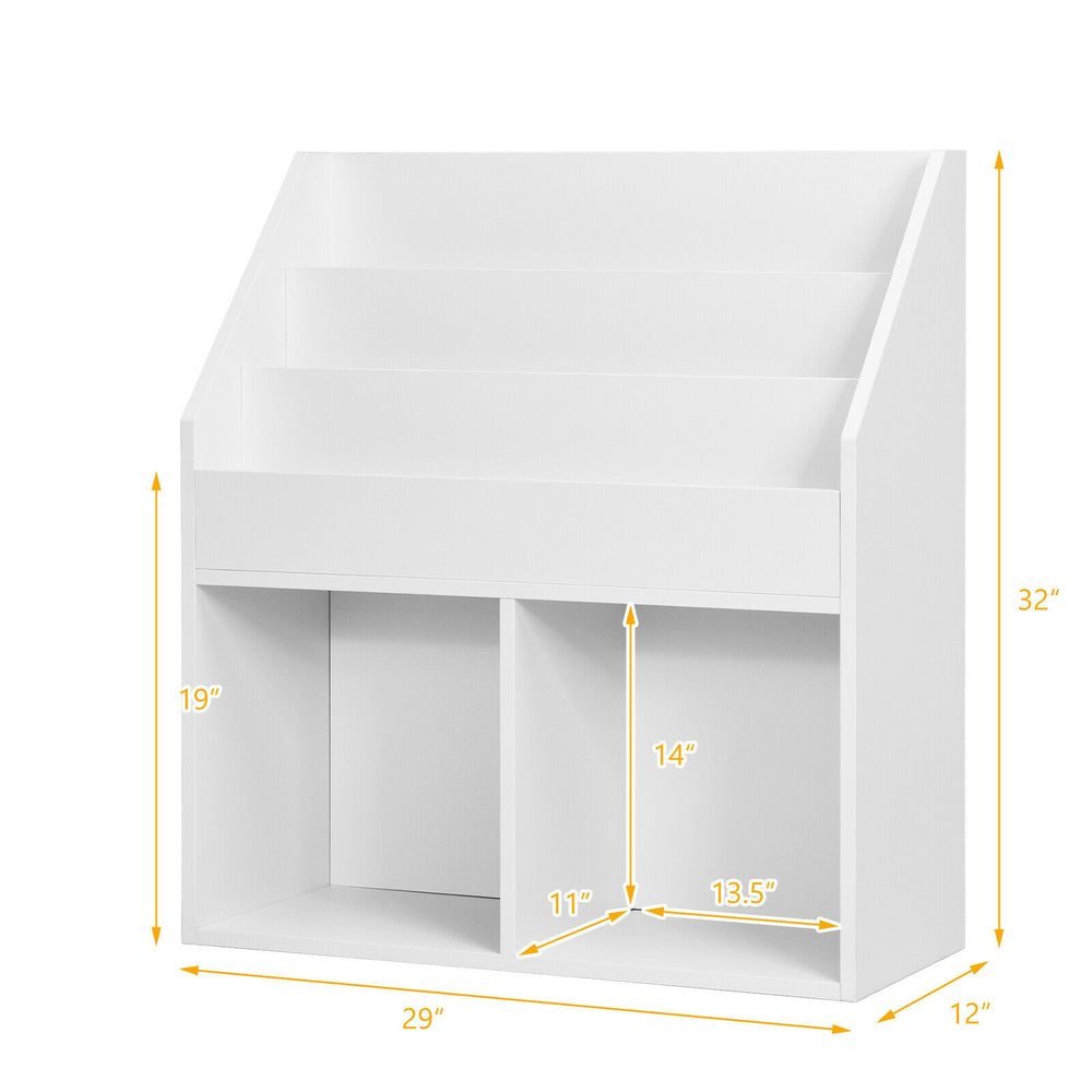Kids wooden bookshelf in white with 3-tier and 2 open shelves for toy and book organization, perfect for children's.