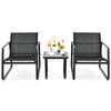 Two ergonomic black patio chairs with a glass top table, perfect for outdoor relaxation in gardens or backyards.