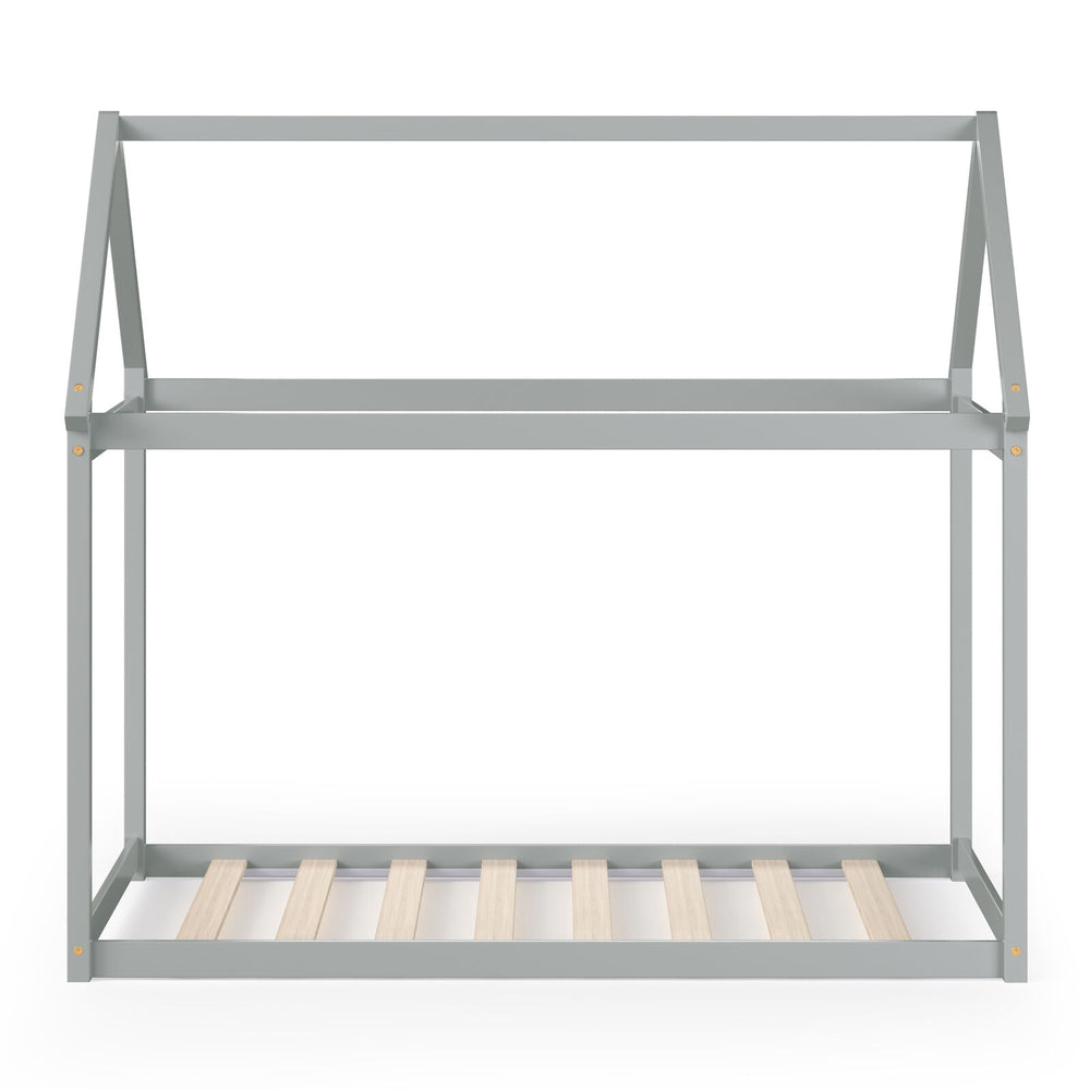 Gray kids platform floor bed with roof, featuring a firm joint structure for enhanced stability and easy assembly.