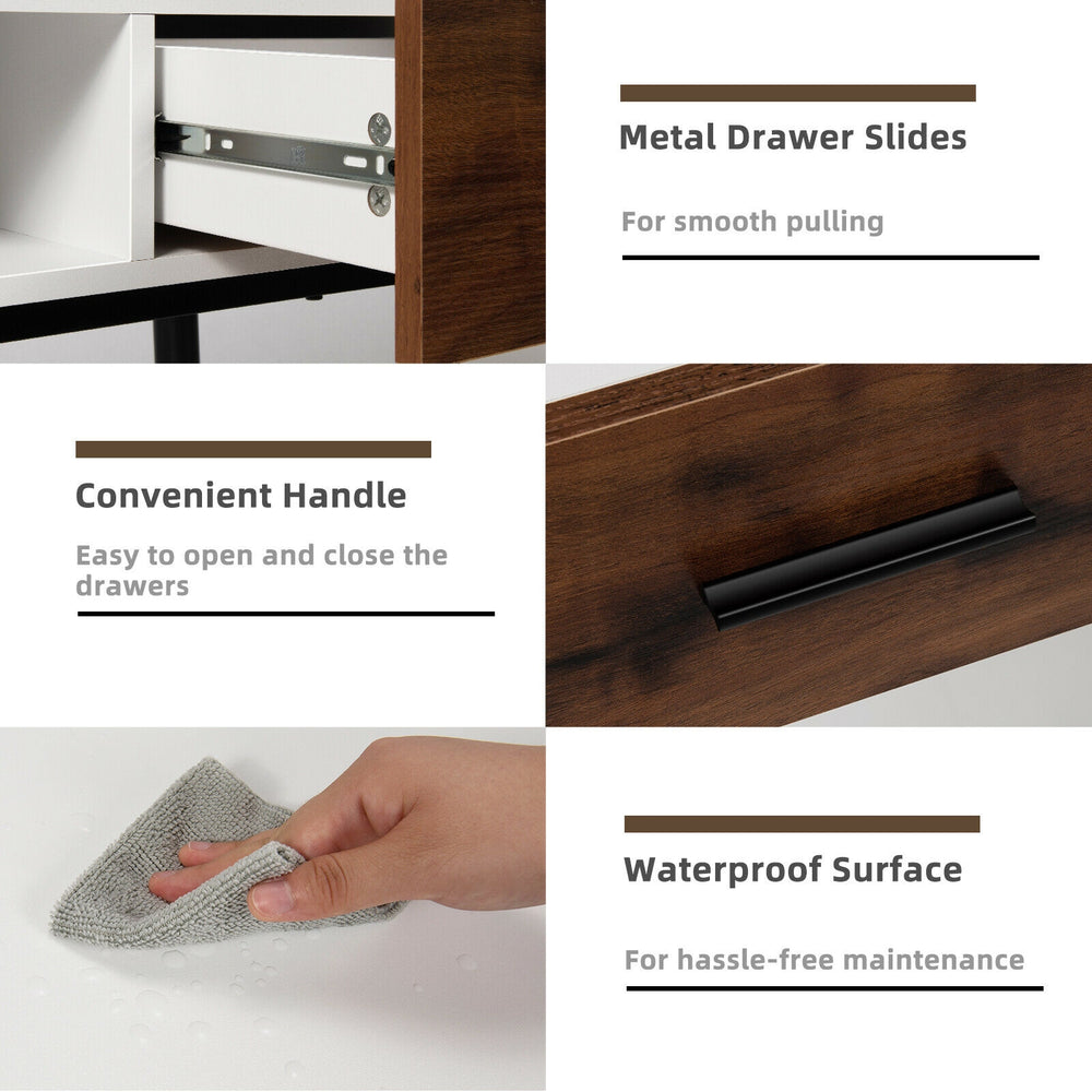 Close-up of the 42-inch industrial console table's waterproof surface and convenient handle for easy drawer access.