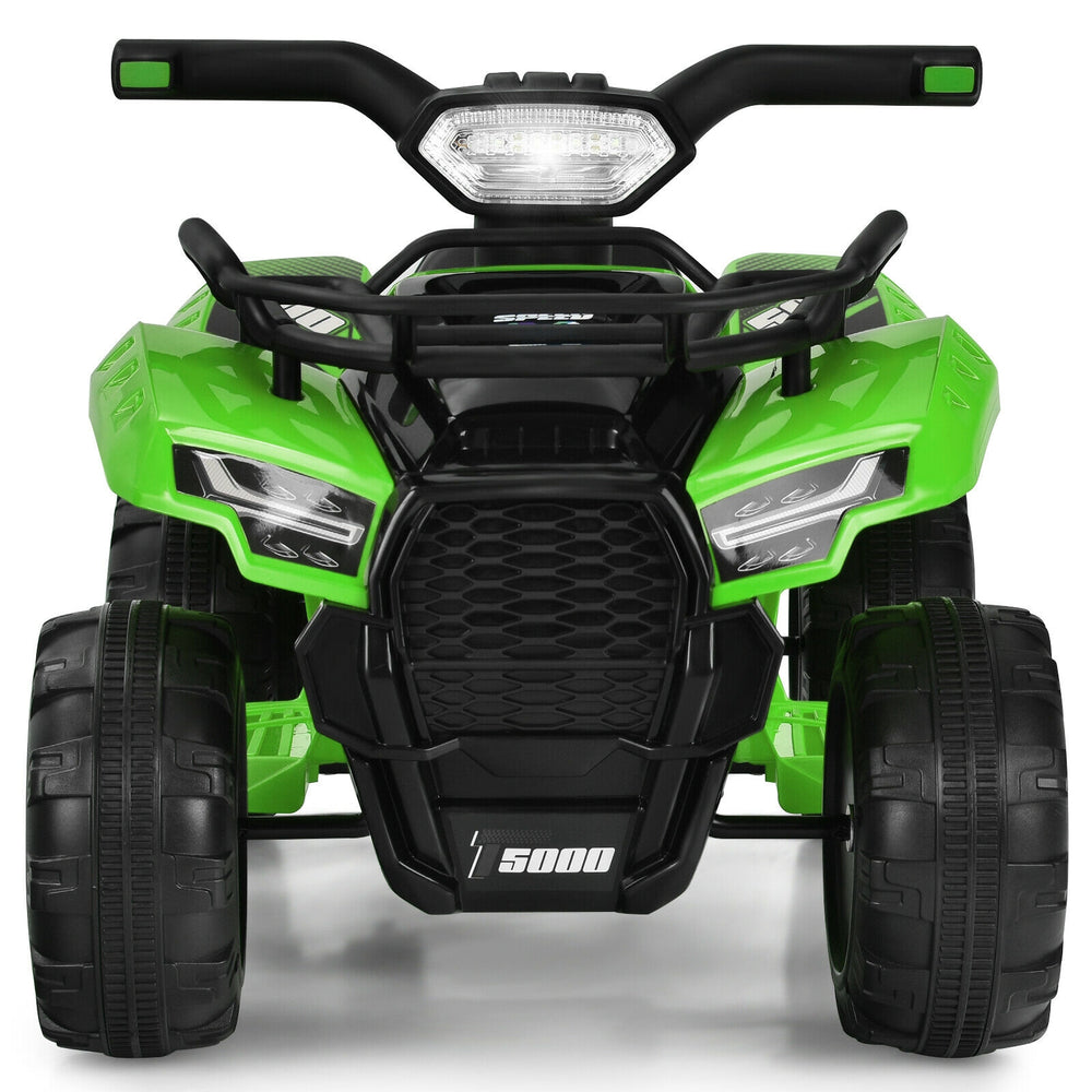 Front view of the green 6V kids ATV quad electric ride-on car with LED light, designed for safe outdoor play.