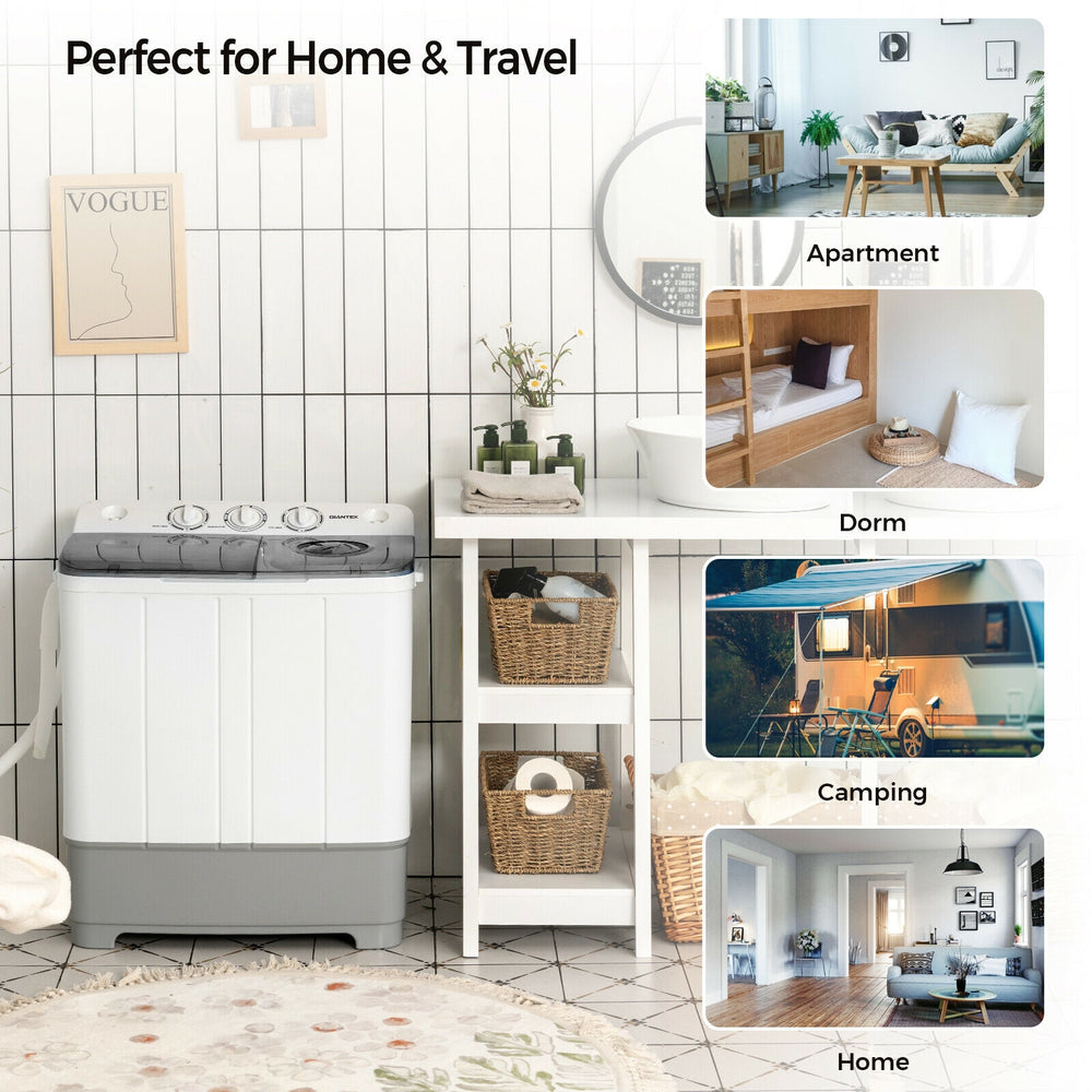 Compact 2-in-1 portable washing machine in gray, perfect for apartments and travel, with adjustable washing and drying.