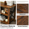 3-tier wood TV stand in brown with open shelves, X-shaped frame, waterproof and scratch-resistant for living room use.