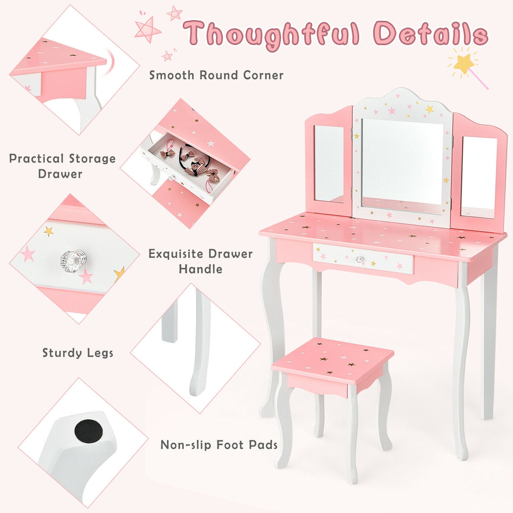 Kids pink vanity table set with tri-folding mirror, sturdy legs, and storage drawer, perfect for play or study.