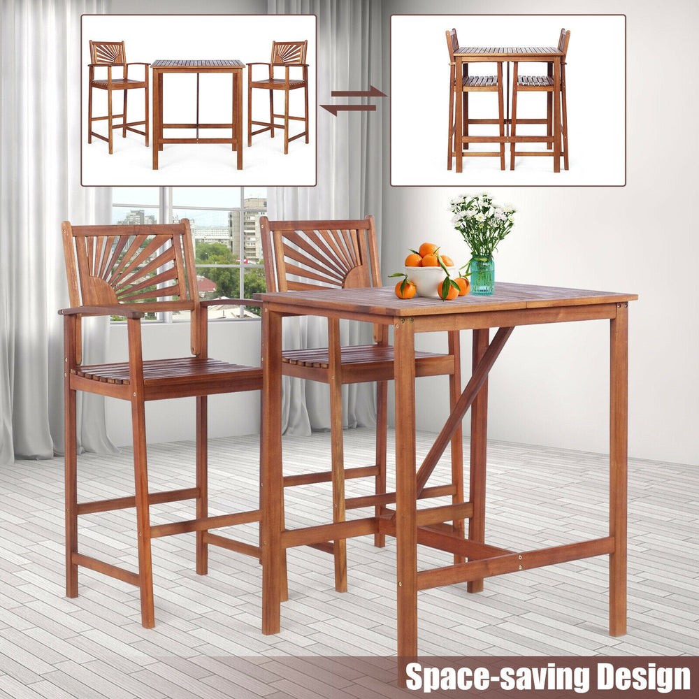 3-piece acacia wood patio bar set with sunflower patterned backrest, featuring a space-saving design for indoor or.