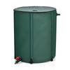 Portable 53-gallon collapsible rain barrel in green, designed for easy water collection in gardens, with zippered mesh.