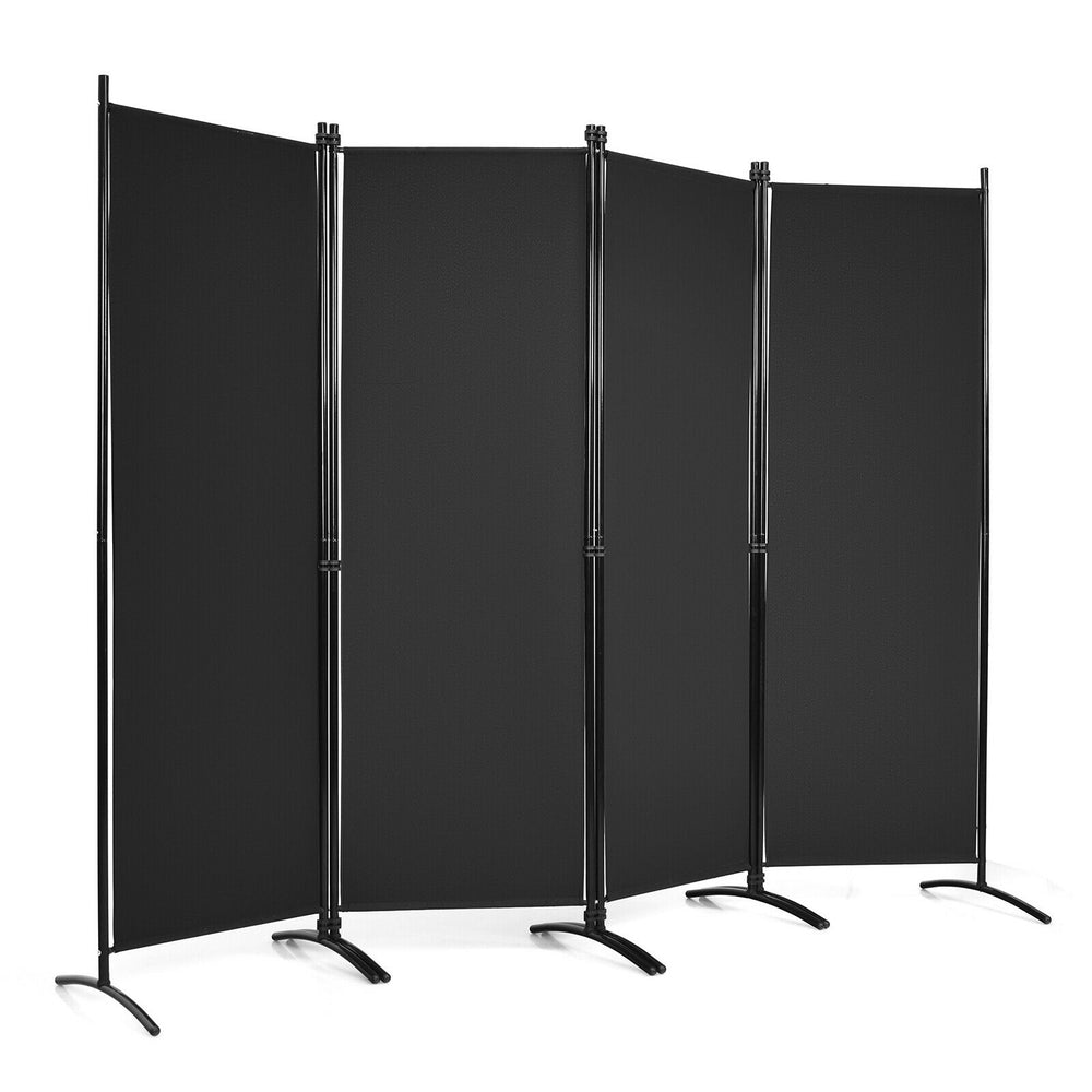 Four-panel black room divider with a sturdy steel frame, ideal for creating privacy in indoor and outdoor spaces.